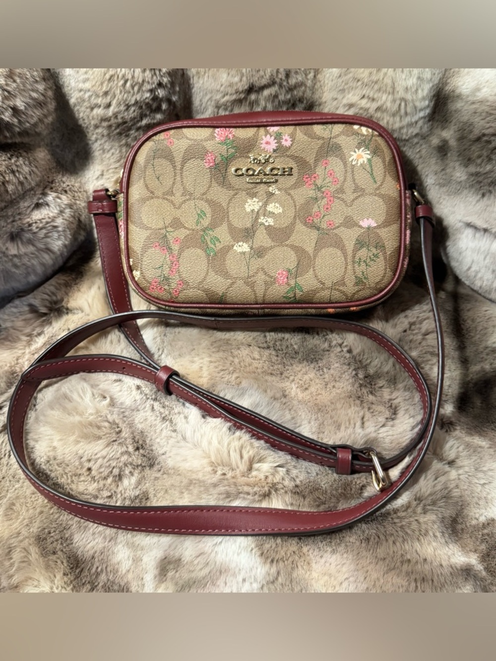 Coach Signature Floral Crossbody in Brown with Burgundy Trim